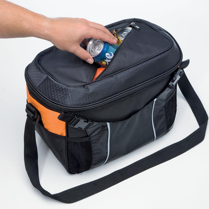 A black and orange cooler bag with a zippered opening, holding drink cans inside. It features a shoulder strap and mesh pocket.