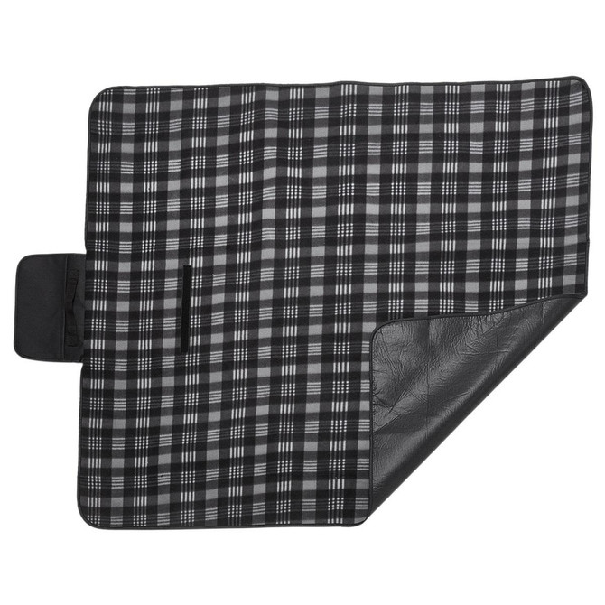 A picnic rug with a black and white checkered pattern and a black waterproof backing, featuring a side pocket.