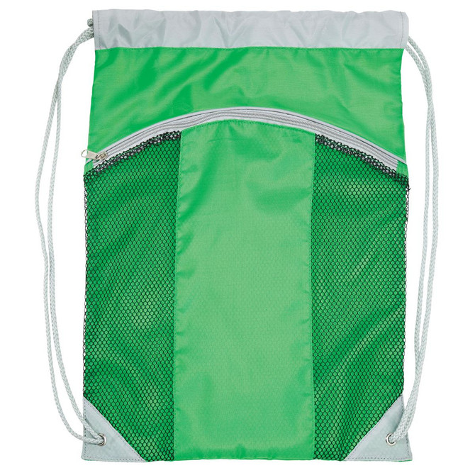 A green drawstring bag with a mesh front pocket and a zippered compartment, featuring adjustable straps.