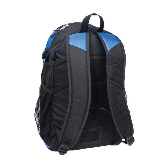 A black laptop backpack with blue accents, featuring padded straps and mesh side pockets.