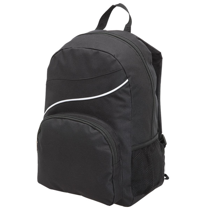 A black backpack with a zippered main compartment, front pocket, and side mesh pocket, featuring a subtle white design.