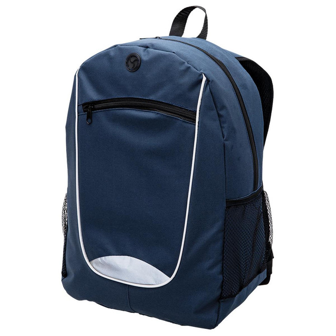 A navy blue backpack with a front zip pocket, mesh side pockets, and a logo on the front.