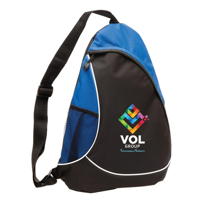 A black and blue sling bag with a mesh pocket and a logo. Featured with a single adjustable strap.