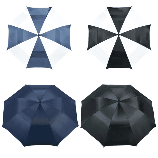 A vented golf umbrella featuring a black and white colour scheme, along with navy blue options. Includes branding.
