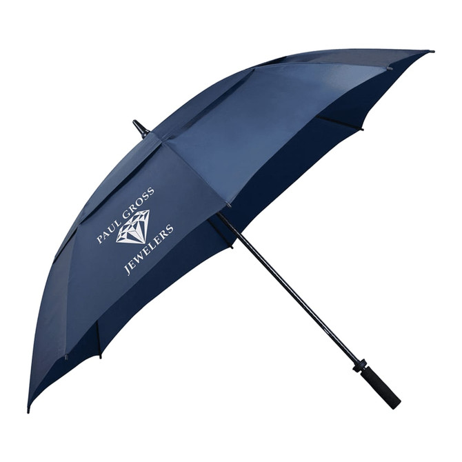 A navy blue vented golf umbrella with a black handle and a logo printed on one side.