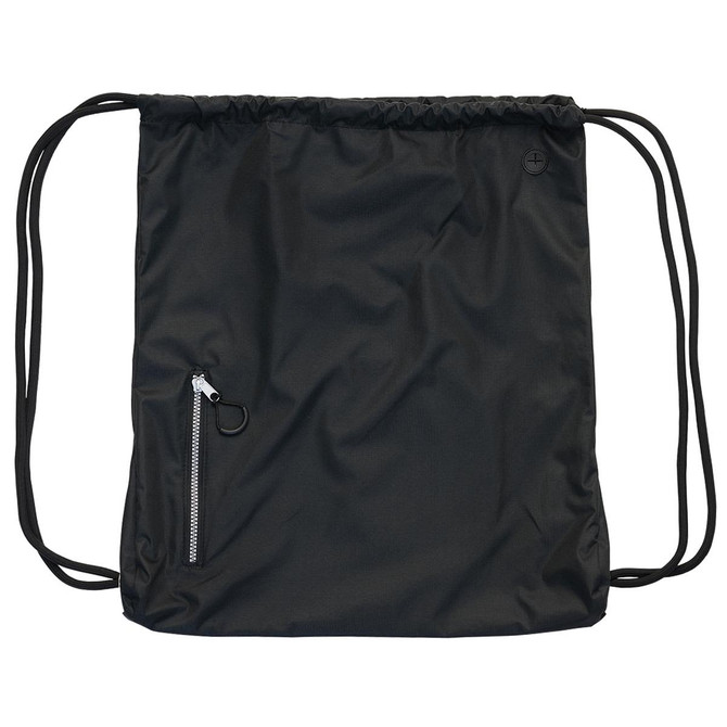 A black drawstring bag featuring a zippered pocket and a logo. Ideal for carrying small items.