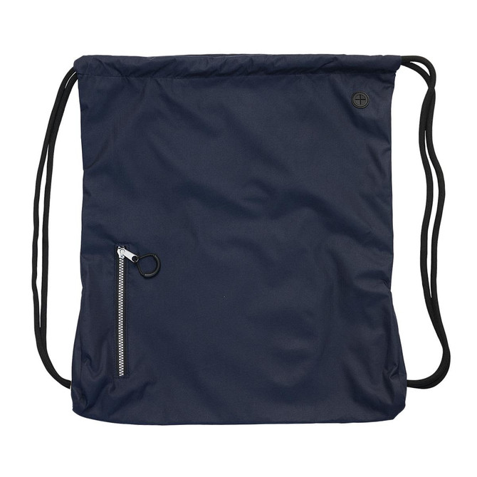 A navy drawstring bag featuring a zip pocket and a logo. The bag has two black cords for carrying.