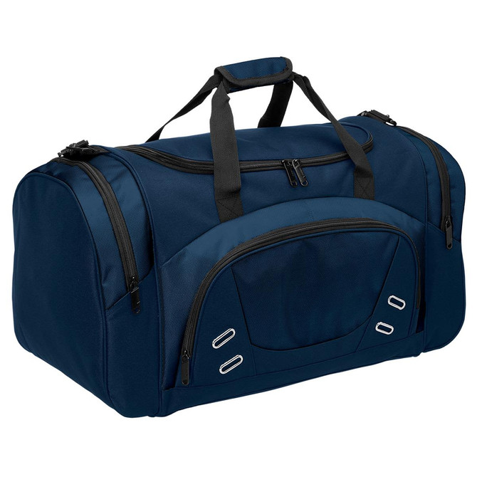 A navy duffle bag with multiple zippered compartments and a front pocket. It has black handles and a logo.
