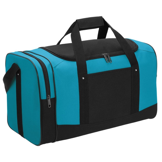 A turquoise and black duffle bag with a zippered main compartment and side pocket, featuring handles and a shoulder strap.