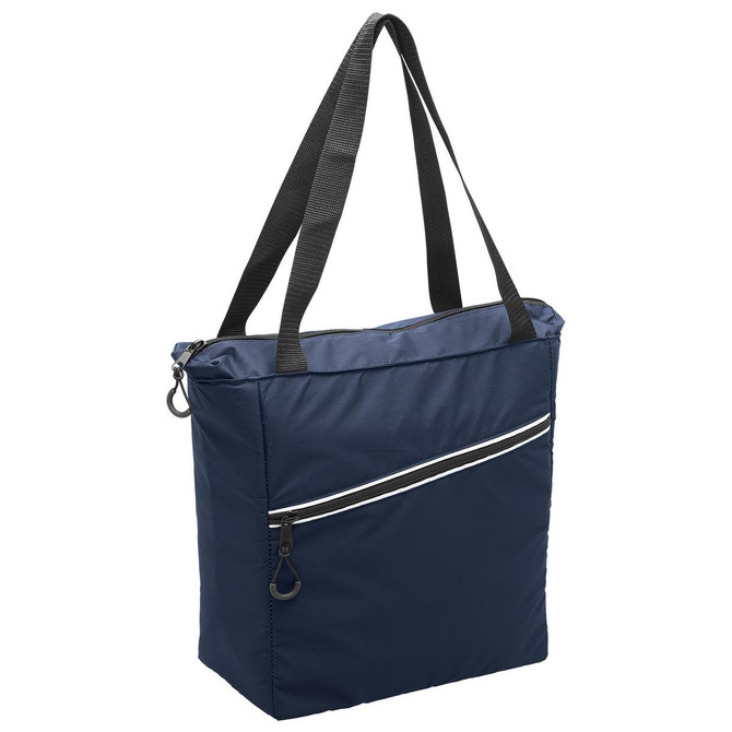A navy cooler bag with black straps and a zippered front pocket, featuring a branding logo.
