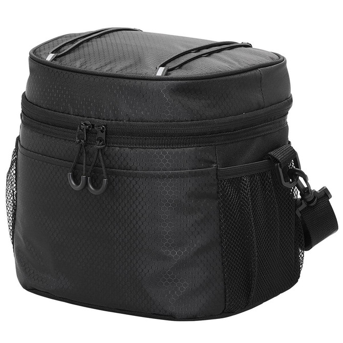 A black cooler bag featuring a zippered top, mesh side pockets, and adjustable strap, with a logo on the front.