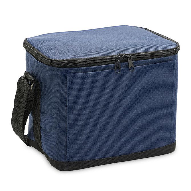 A navy blue cooler bag with a zip closure and a detachable strap, featuring a simple design and a front pocket.