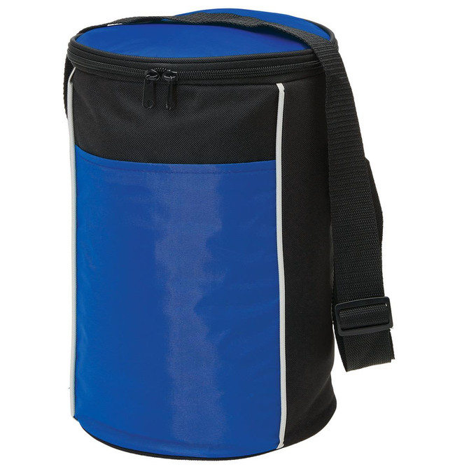 A drink bottle cooler in blue and black, featuring a zipper closure and an adjustable strap for easy carrying.