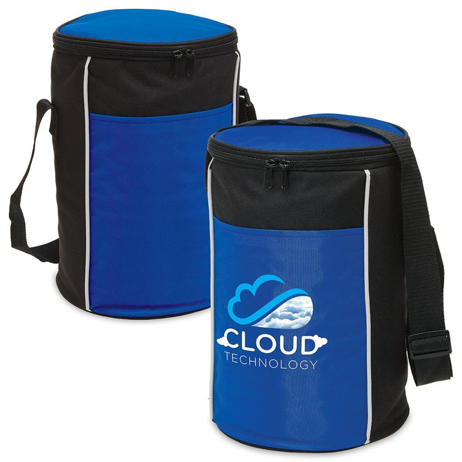 A drink bottle cooler in black and blue, featuring a shoulder strap and a logo on the front.