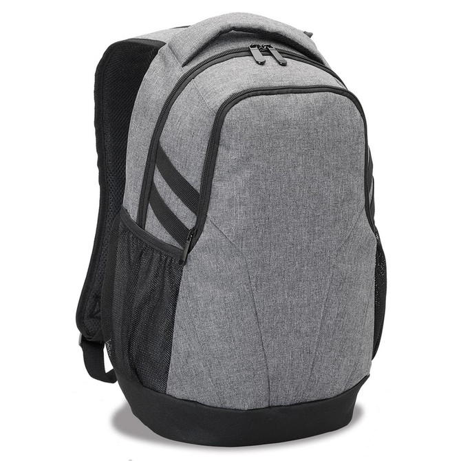 A grey laptop backpack featuring a textured design, black accents, and side mesh pockets. It also has a logo.