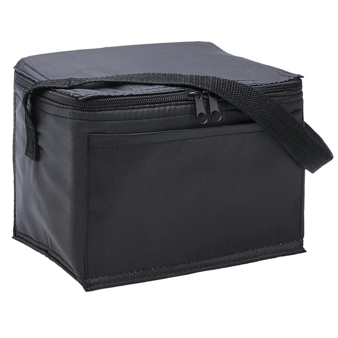 A black cooler bag with a zip closure and a sturdy handle for easy carrying. It features a simple design.