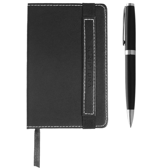 A black notebook with a strap and a matching black pen, featuring a logo on the notebook.