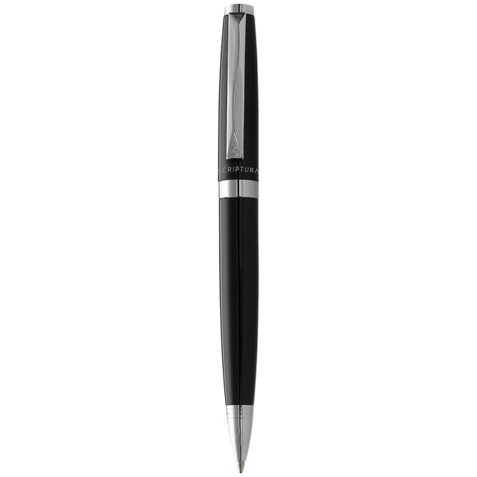 A black pen with silver accents, featuring a branding logo, part of the Scriptura Gift Set for office use.