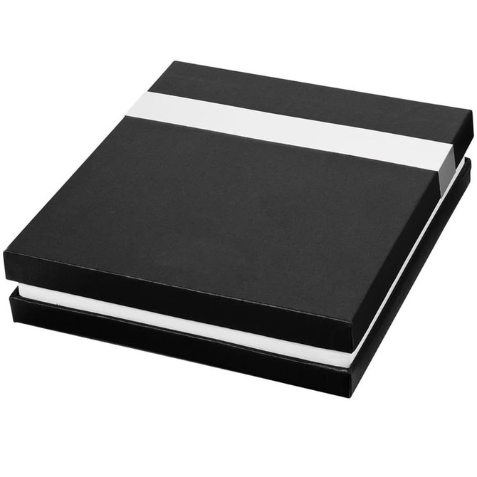 A black gift box with a white band, containing office supplies. The set is neatly packaged and sophisticated in design.