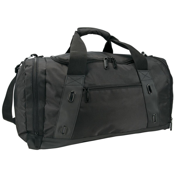 A black duffle bag featuring multiple zippered compartments and a shoulder strap, with a logo on the side.