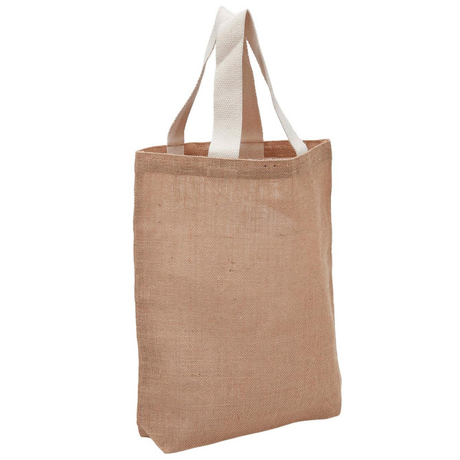 A reusable grocery bag in a natural brown colour with white handles. The bag has a simple design and a fabric texture.
