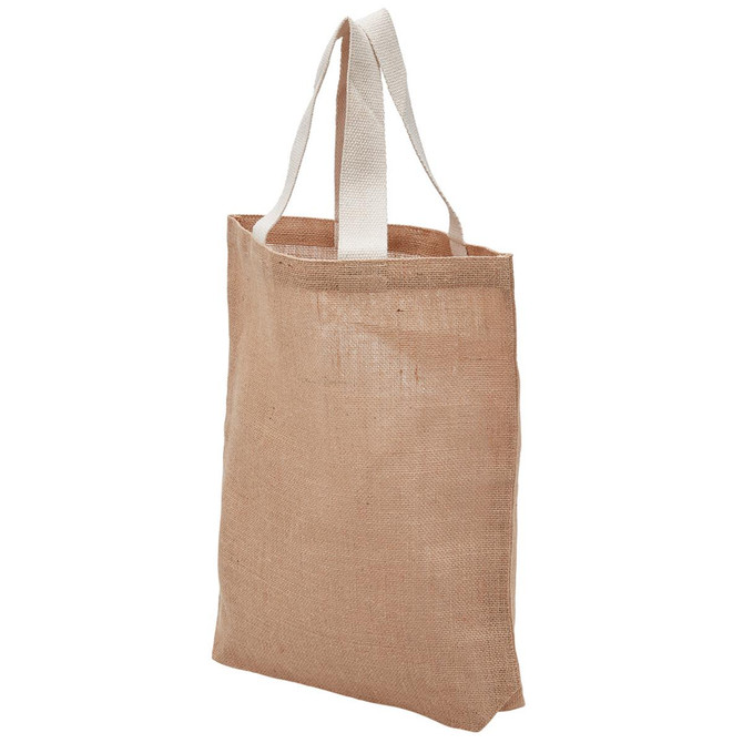 A reusable grocery bag in a natural beige colour with white straps and a simple design. It features a logo on the side.