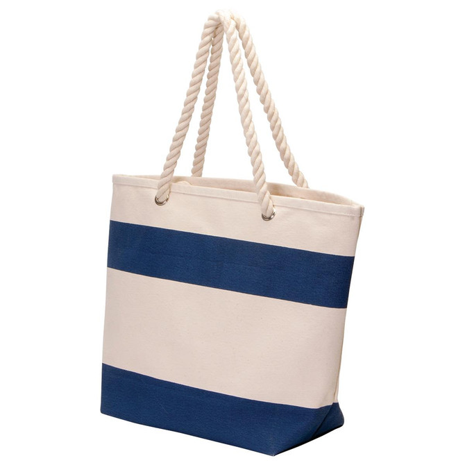 A cotton canvas tote with a cream base and navy blue stripes, featuring sturdy rope handles and a logo.