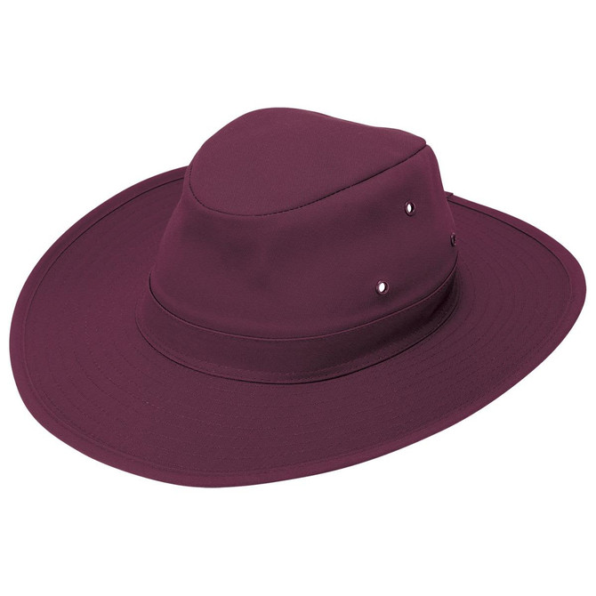 A maroon slouch hat with a wide brim and small metal accents, featuring a logo on the side.