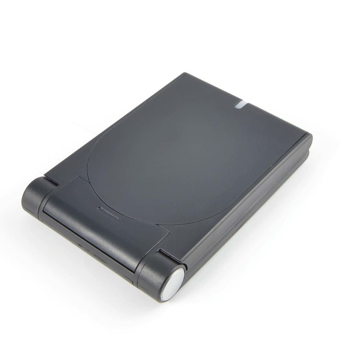 A wireless charger in a sleek black design, featuring a rounded edge and a compact, portable form.