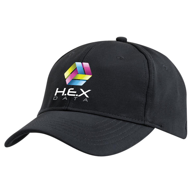 A black cap featuring a logo on the front. The cap has a curved brim and a classic design.