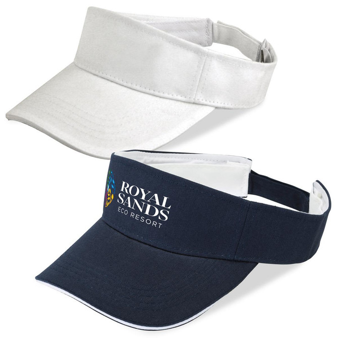 Two visors in white and navy, featuring a logo on the navy visor. Suitable for headwear.
