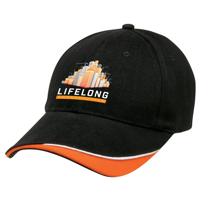 A black cap with an orange brim and a logo featuring a city skyline.