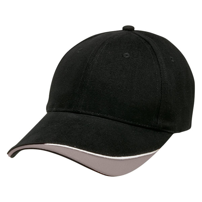 A black cap with a curved brim and a contrasting trim. It has a logo on the front.