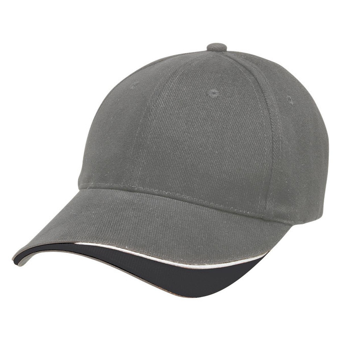 A grey cap with a black visor and a logo on the front. Ideal for casual wear and activities.