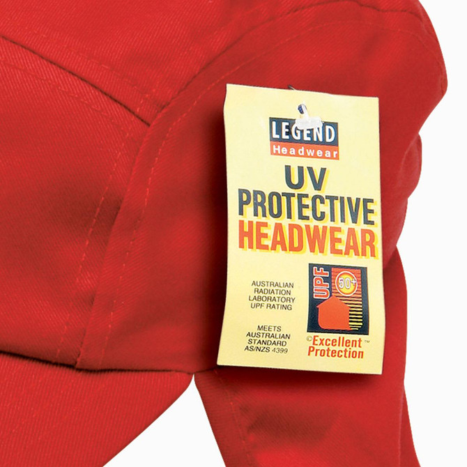 A red poly viscose legionnaire hat featuring a tag with UV protection information and a logo.