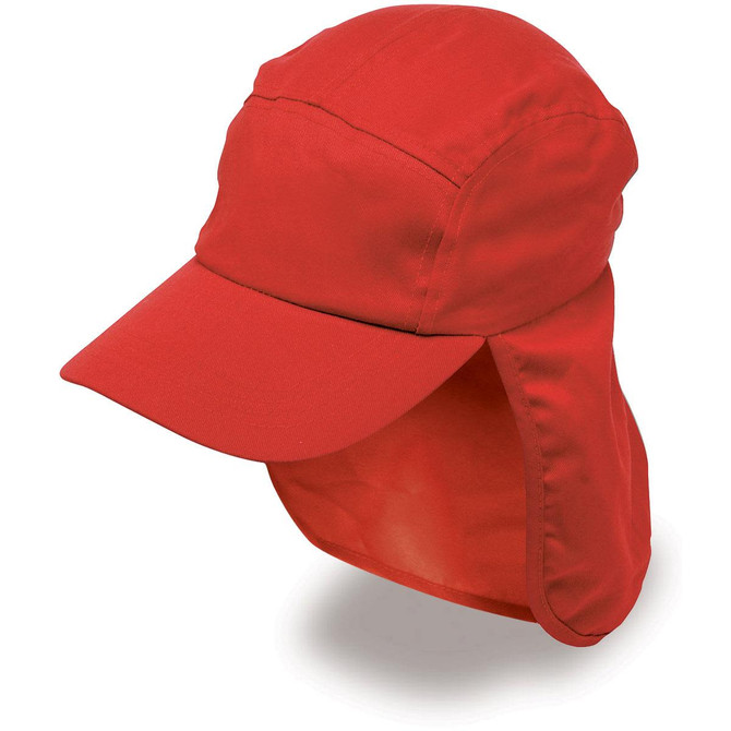 A red Poly Viscose Legionnaire hat featuring a wide peak and neck flap, with a logo on the side.