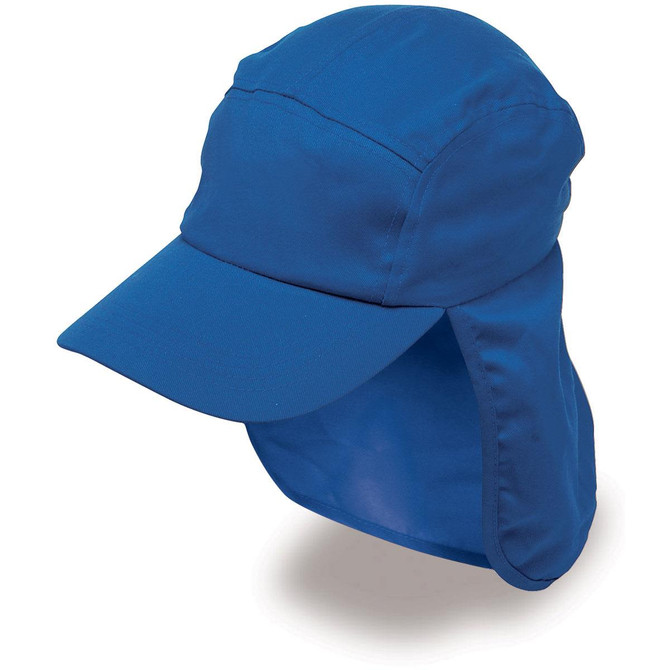 A blue Legionnaire hat featuring a broad brim and a protective neck flap, with a logo present.