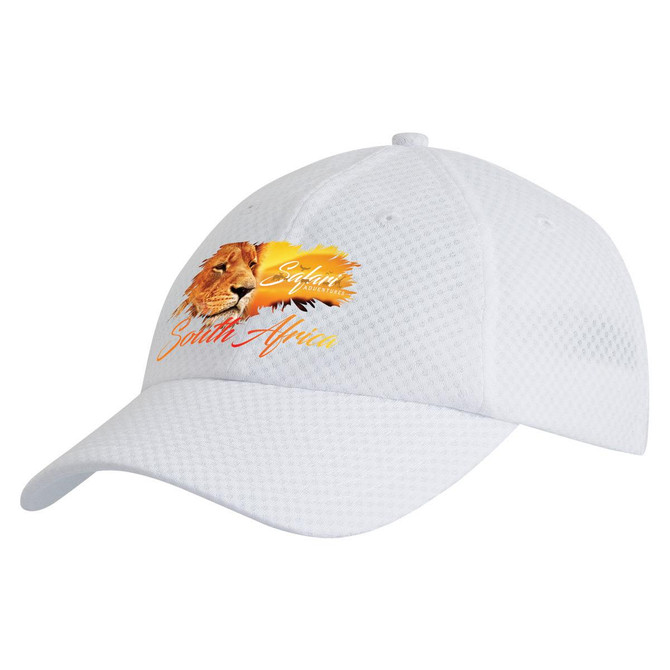 A white cap with a mesh design featuring a lion graphic and branding.
