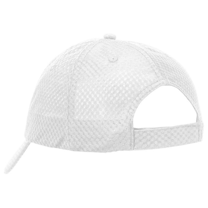 A white mesh cap with an adjustable strap at the back and a branding logo.