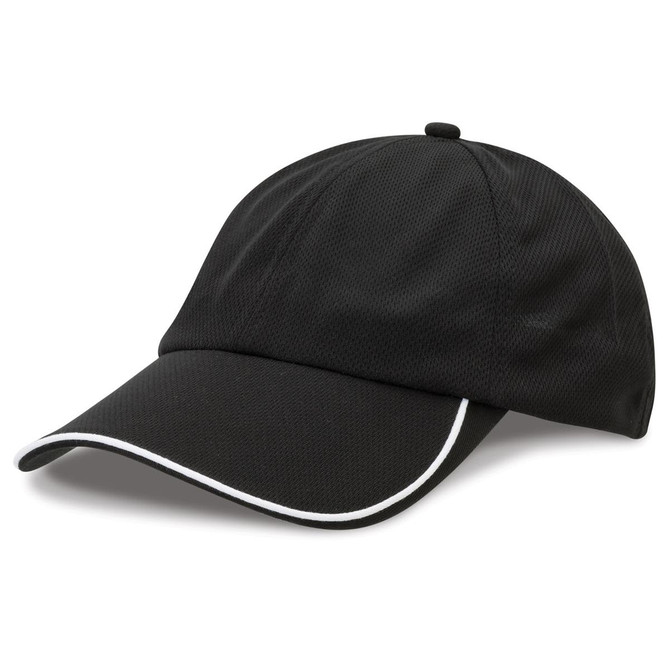 A black cap with a curved brim and white piping, featuring a logo on the front.