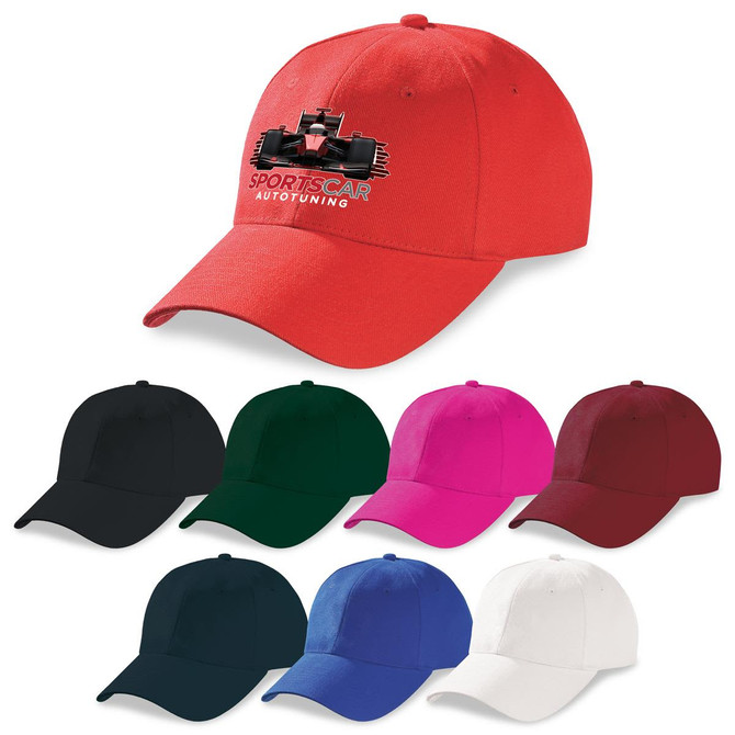 A red cap with a logo, surrounded by caps in black, green, pink, burgundy, blue, and white.