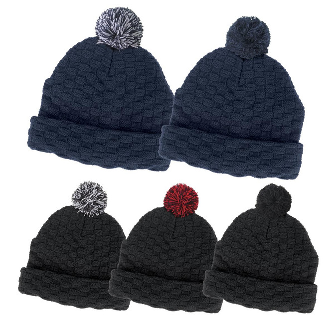A collection of pom pom beanies in dark navy and dark green, featuring a textured pattern and contrasting pom poms.