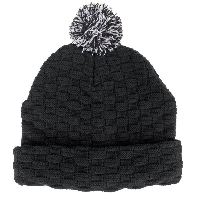 A black knitted beanie with a textured pattern and a black and white pom pom on top. It features a logo.