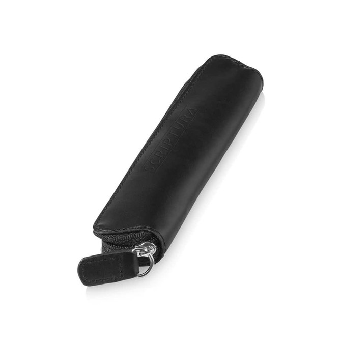 A black leather pen case featuring a zip closure and embossed branding. Designed for storing pens securely.