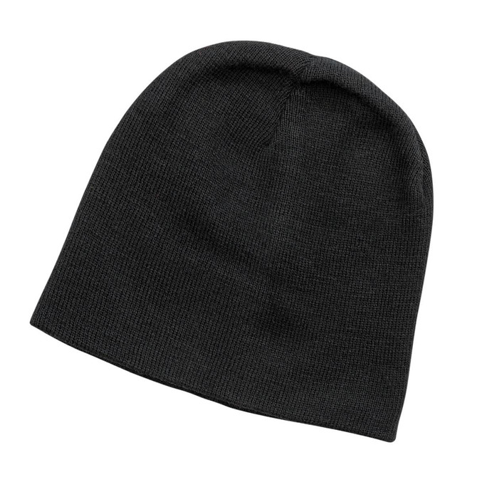 A black beanie with a simple, textured pattern, featuring a logo on the side.