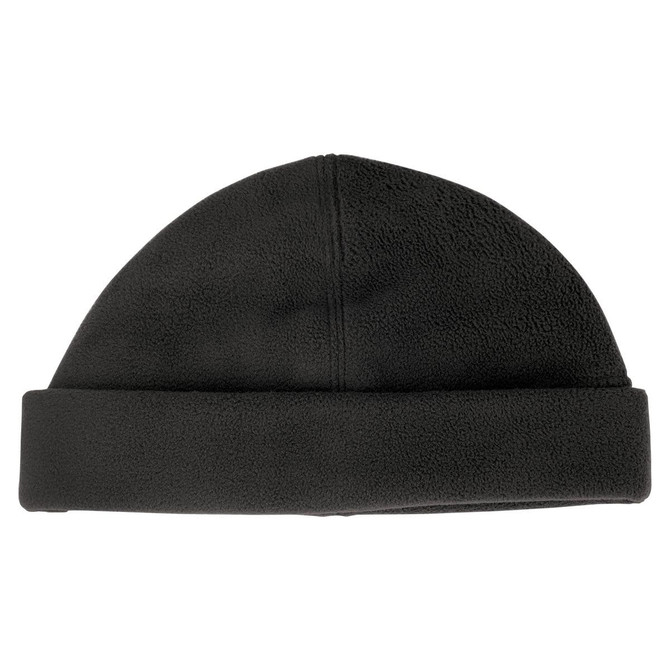 A black polar fleece beanie with a folded cuff, featuring a logo on the side.