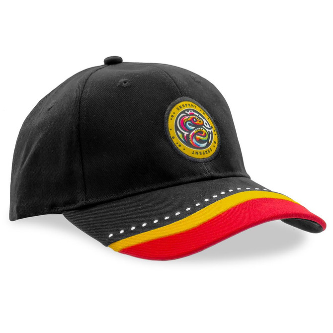 A black cap with a round logo and a red and yellow striped brim featuring decorative stitching.