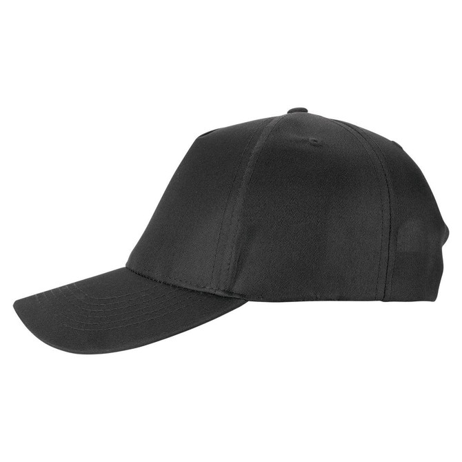 A black polycotton cap with a curved brim and a logo. Features a classic six-panel design.