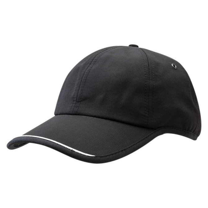 A black cap with a curved brim and a white accent along the front. It features a logo on the side.
