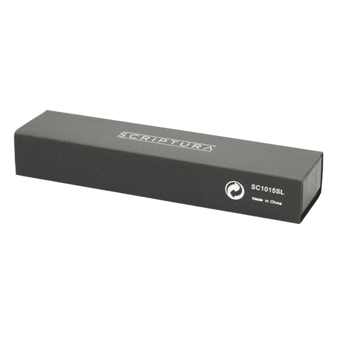 A sleek black box containing the Scriptura Striation Ballpoint Pen, featuring branding and a minimalist design.